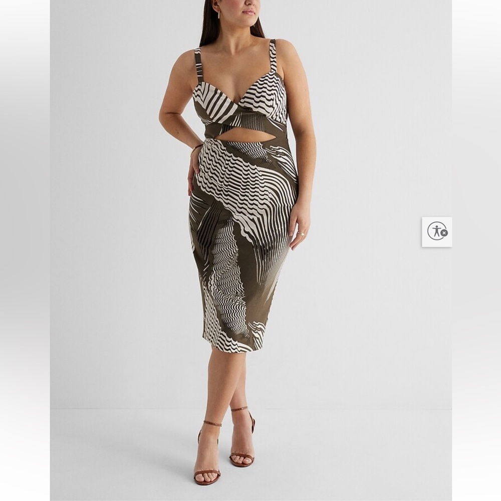 Express Abstract Olive & White Sexy Cutout Midi Dress 8/10 - Picture 7 of 13